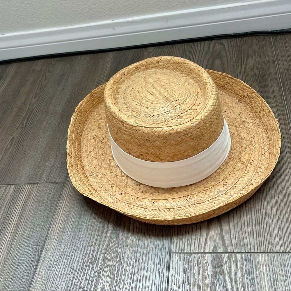 100% Straw Boater Hat with White Band